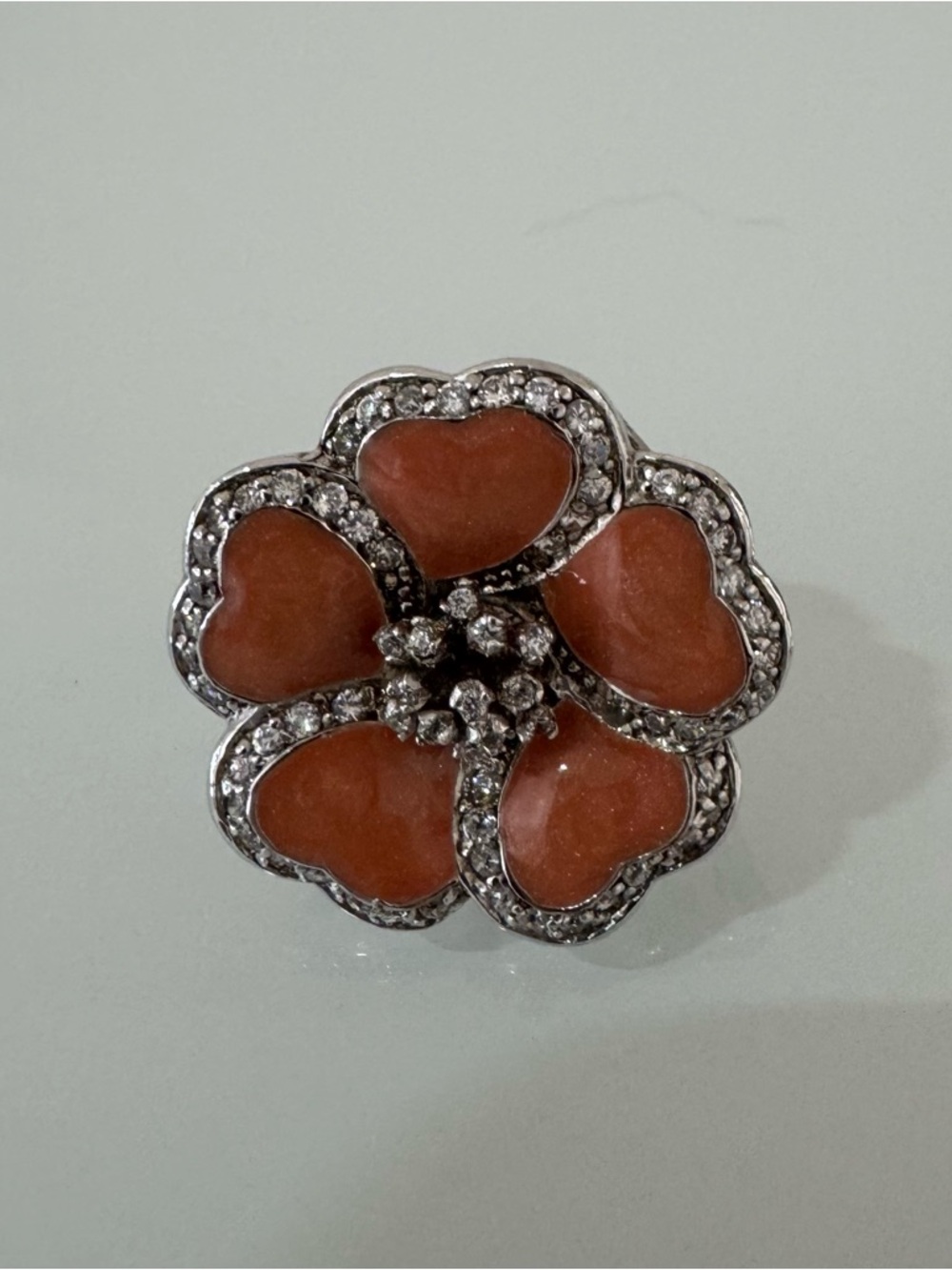Vintage Floral Ring With Crystal Accents  - Size 6.5